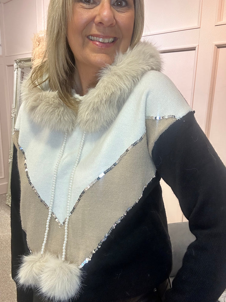 Fur Edge Hoody With Pearl Detail - Cream/Mix