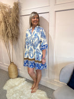 Floral Paisley Smock Tunic Dress - Blue/White