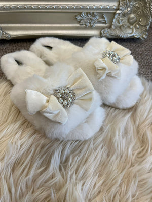 Embellished Bow Cosy Slipper - Cream