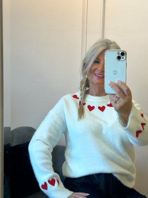 Red Heart Detail Jumper - Winter White