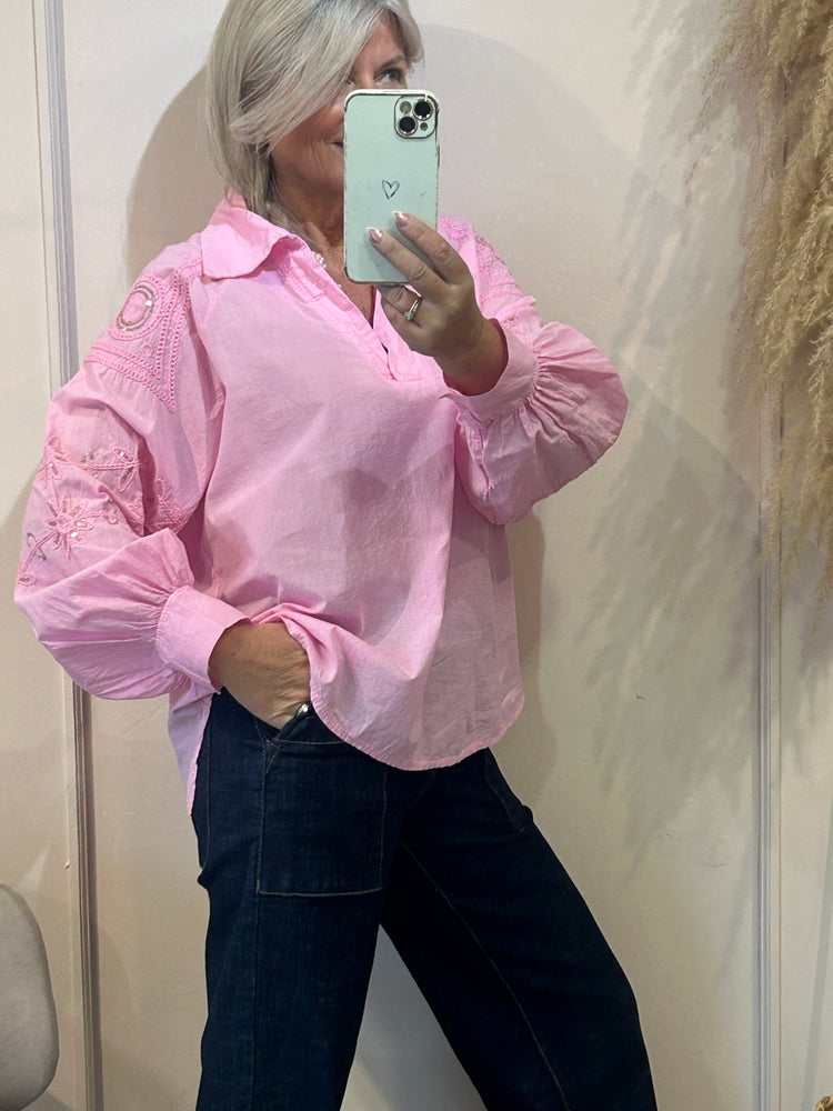 V Neck Collared Embellished Sleeve Blouse - Pink