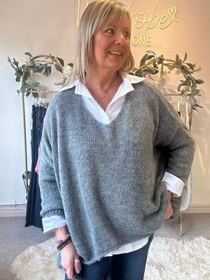 V Neckline Knit Jumper - Grey