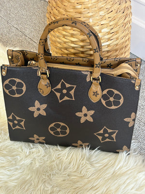 Flower Pattern Tote Bag Large - Brown/Tan