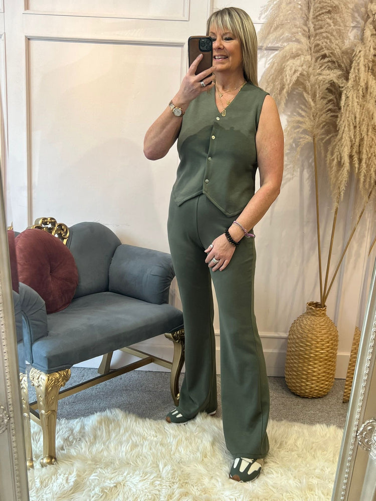 Waistcoat &  Wide Pant Two Piece Set -  Khaki