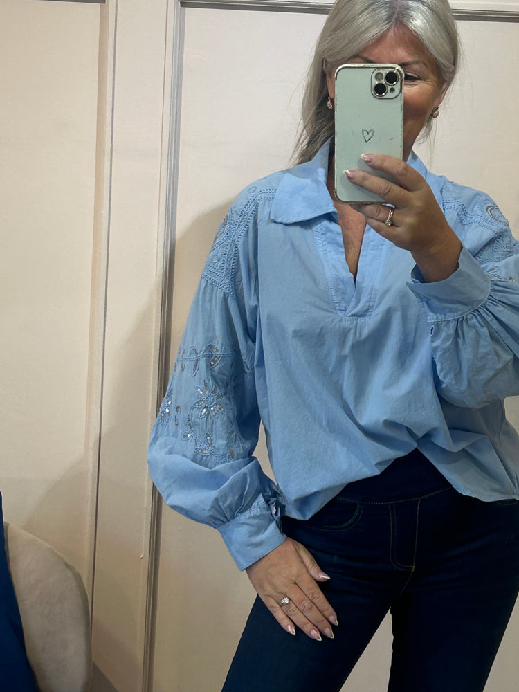 V Neck Collared Embellished Sleeve Blouse - Blue