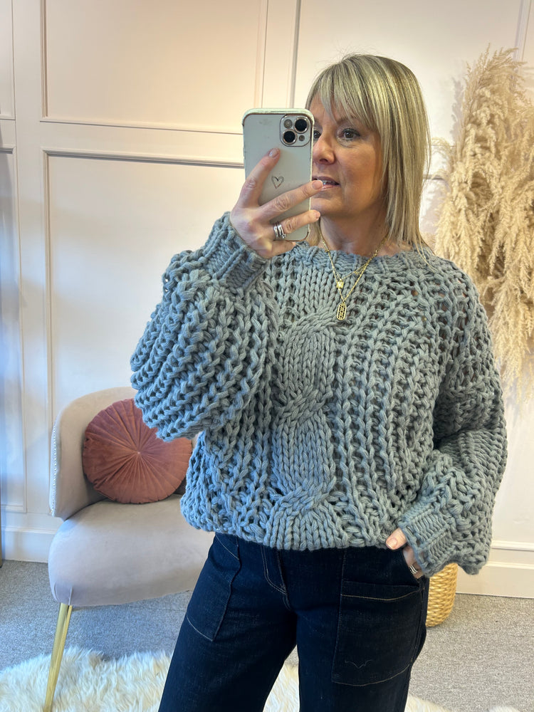 Round Neck Chunky Cable Jumper - Grey