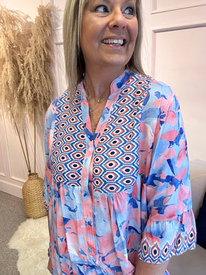 Floral Aztec Smock Tunic Dress - Pink/Blue