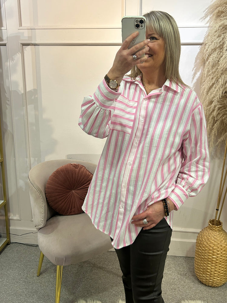 White & Pink Striped Shirt  - White