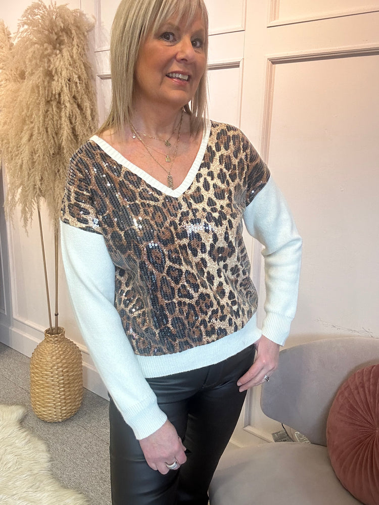 Leopard Sequin Front Jumper  - Cream