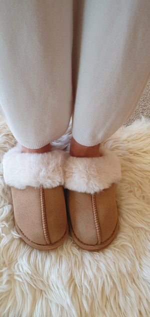 Faux Fur Lined Mule Slipper - Camel