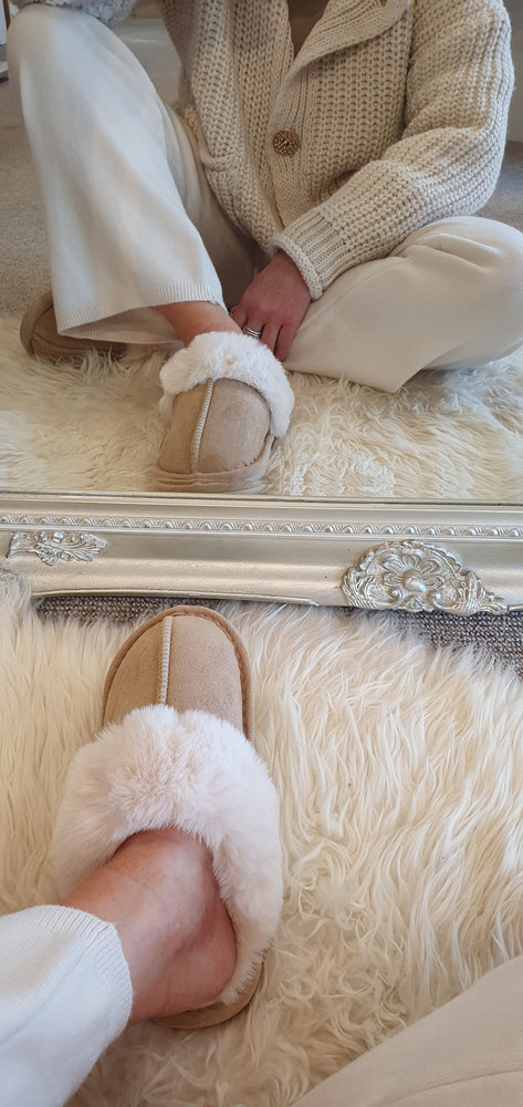 Faux Fur Lined Mule Slipper - Latte