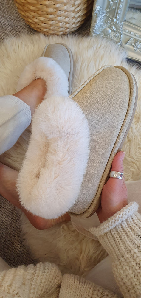 Faux Fur Edged Full Slipper - Nude