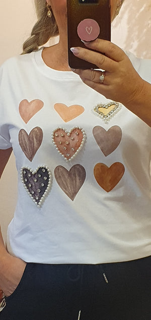 Peach Hearts & Sparkle T Shirt - White