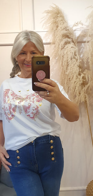 Pink Butterfly & Sparkle T Shirt - White