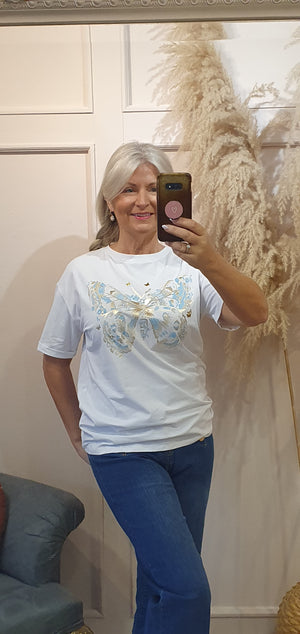 Blue Butterfly & Sparkle T Shirt - Blue