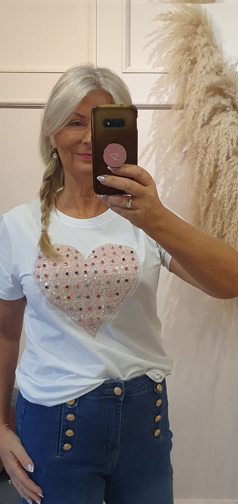 Pink Heart Mixed Gems T Shirt - White