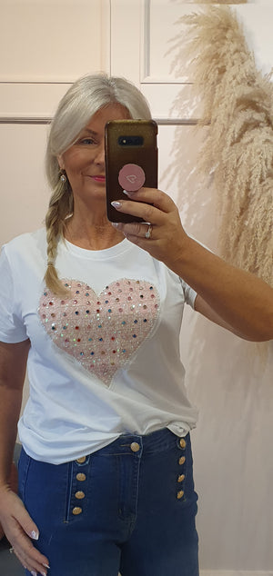 Pink Heart Mixed Gems T Shirt - White