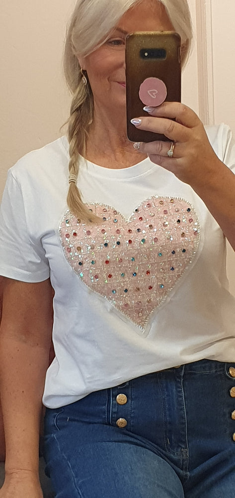 Pink Heart Mixed Gems T Shirt - White