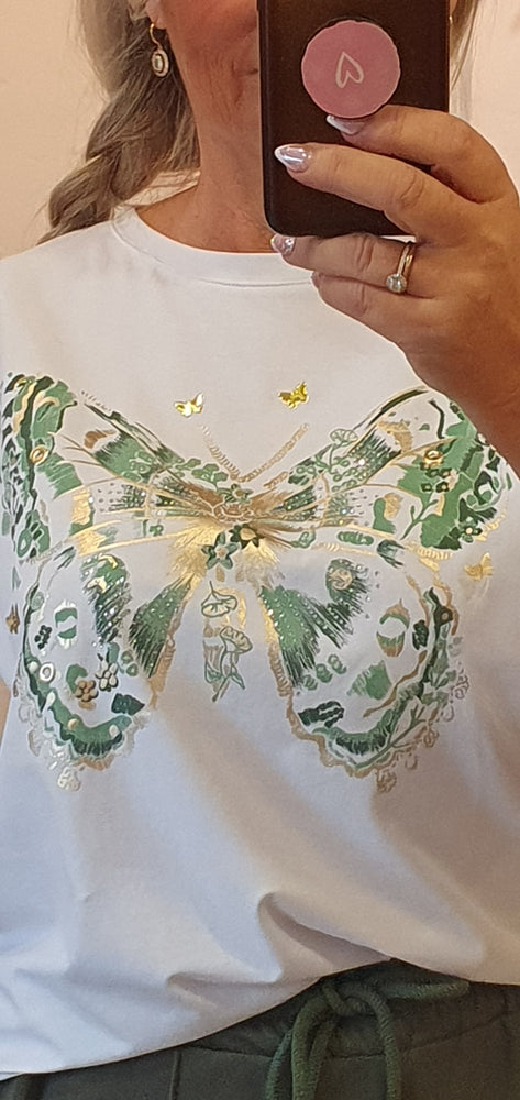 Green Butterfly & Sparkle T Shirt - White