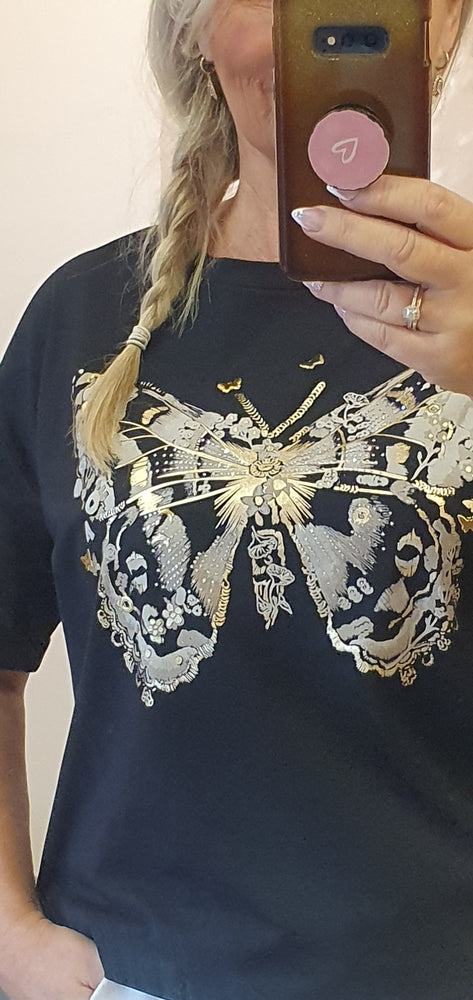 Beige Butterfly & Sparkle T Shirt - Black