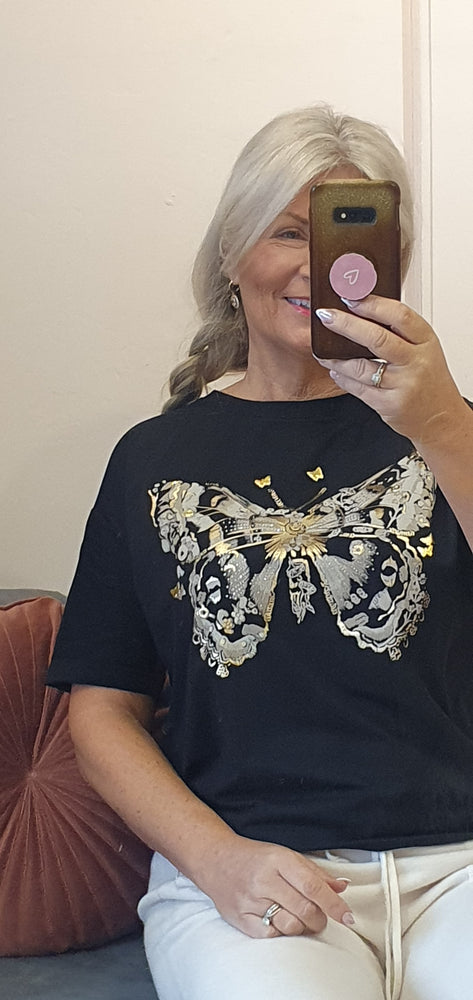 Beige Butterfly & Sparkle T Shirt - Black