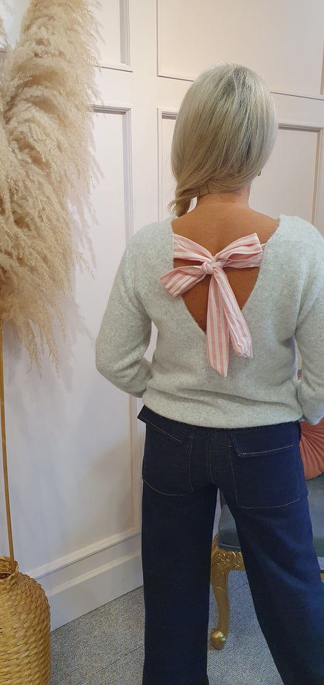 Stripe Bow On Back Of Jumper - Grey