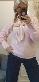 Striped Collar And Tie Jumper - Pink