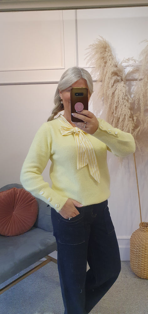 Striped Collar And Tie Jumper - Lemon