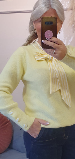 Striped Collar And Tie Jumper - Lemon