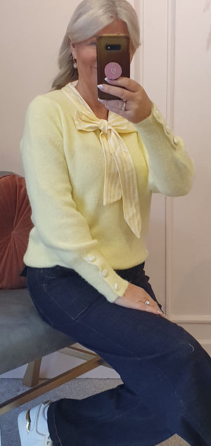 Striped Collar And Tie Jumper - Lemon