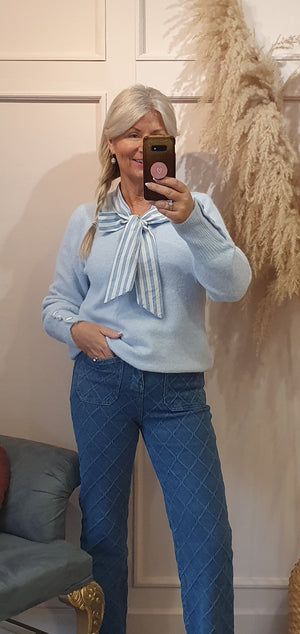 Striped Collar And Tie Jumper - Blue