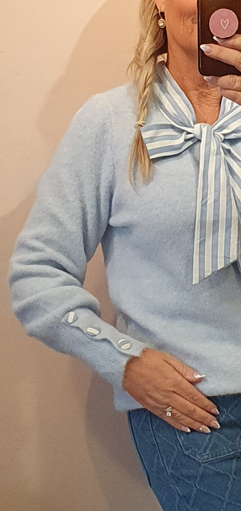 Striped Collar And Tie Jumper - Blue