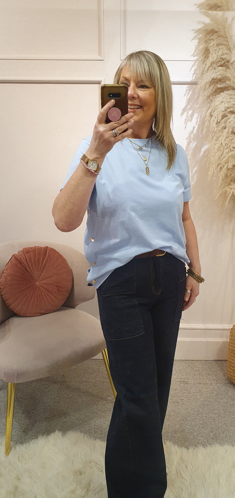 Gold Press Stud Side T Shirt - Pale Blue