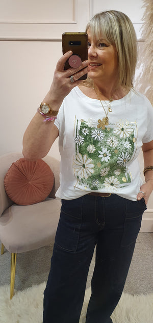 Daisy Design T Shirt - White/Green