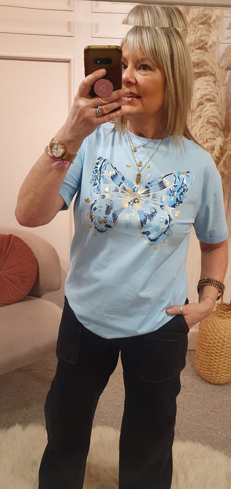 Blue Butterfly & Sparkle T Shirt - White