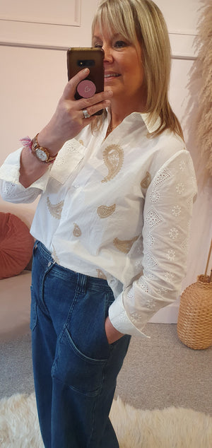 Broderie Anglaise With Paisley Detail Shirt  - White