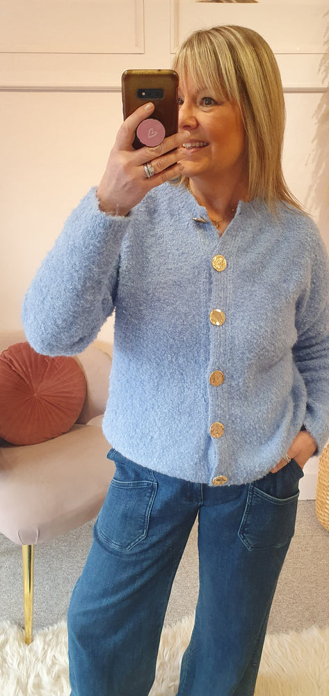 Gold Button Boucle Cardigan - Cornflower Blue