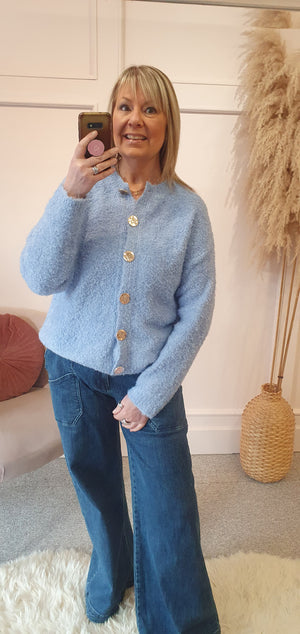 Gold Button Boucle Cardigan - Cornflower Blue