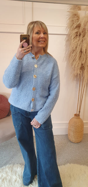 Gold Button Boucle Cardigan - Cornflower Blue