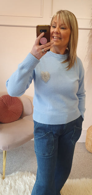 Silver Sparkle Heart Jumper - Cornflower Blue