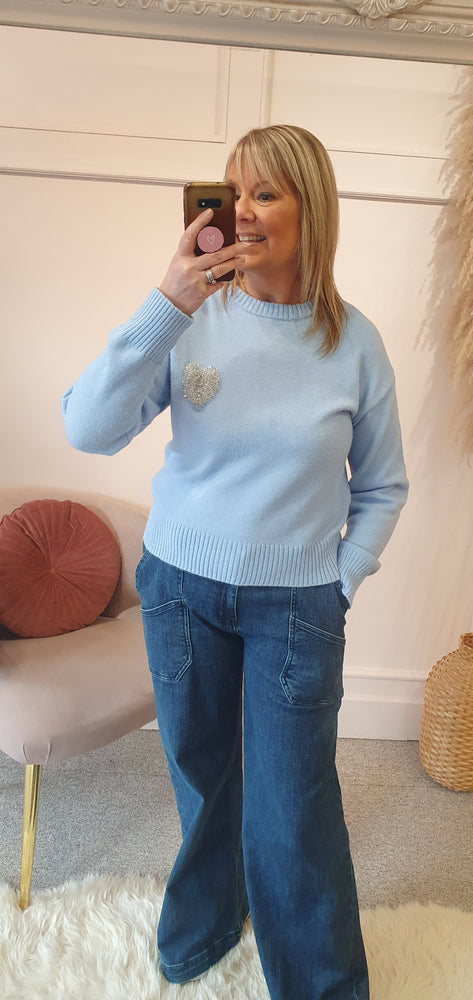 Silver Sparkle Heart Jumper - Cornflower Blue