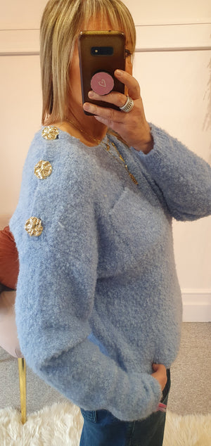 Gold Button Shoulder Detail Jumper - Cornflower Blue