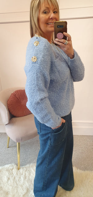 Gold Button Shoulder Detail Jumper - Cornflower Blue