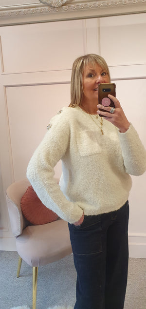 Gold Button Shoulder Detail Jumper - Oatmeal