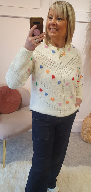 Cute Hearts On A  Soft Feel Jumper - Cream