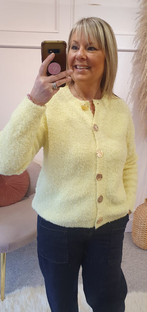 Gold Button Boucle Cardigan - Lemon