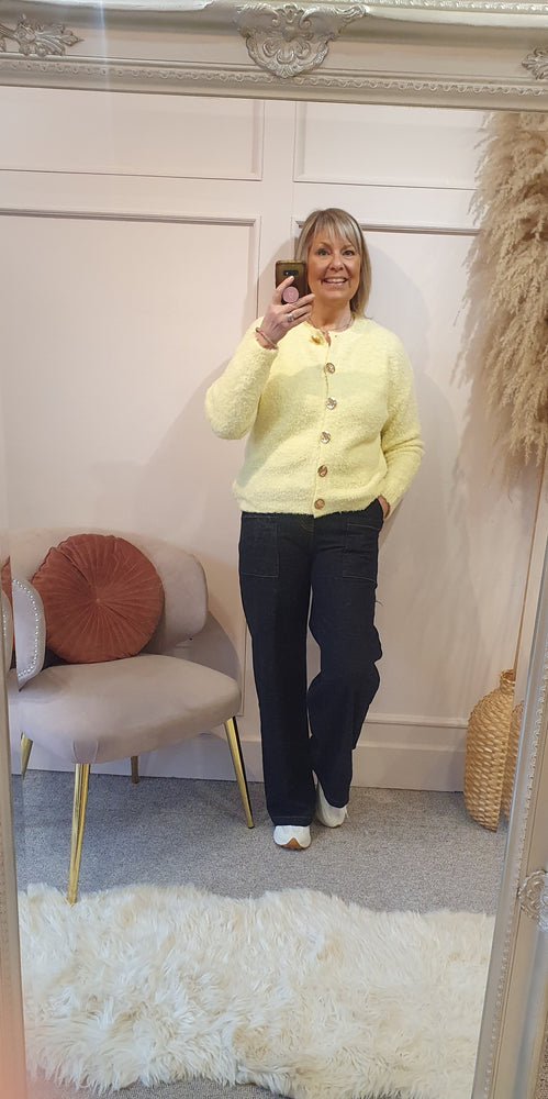 Gold Button Boucle Cardigan - Lemon