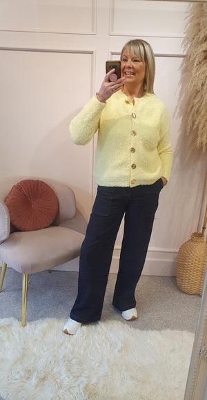 Gold Button Boucle Cardigan - Lemon