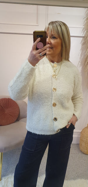 Gold Button Boucle Cardigan - Cream