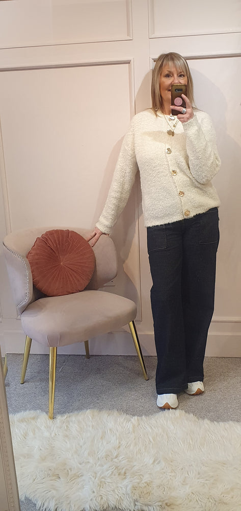 Gold Button Boucle Cardigan - Cream